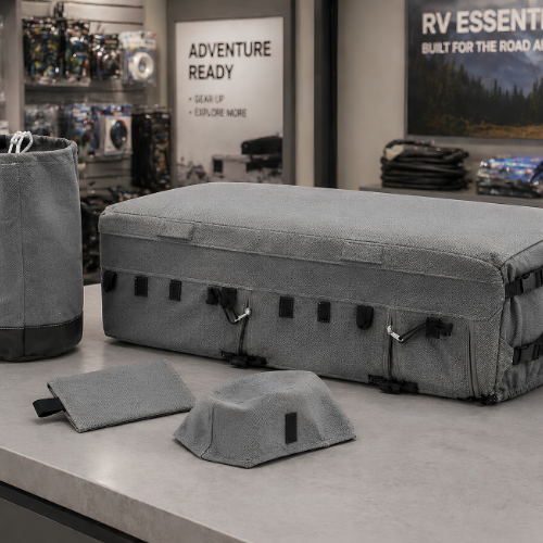 United Covers storage bag and accessories displayed on an RV parts store counter