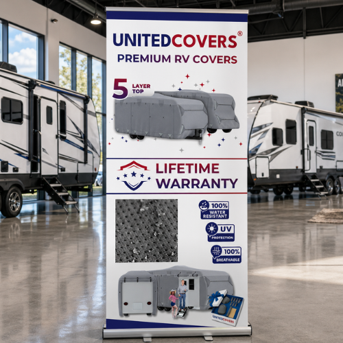 United Covers premium RV covers pull-up banner in an RV dealership showroom