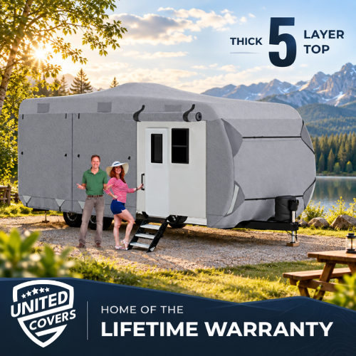 Travel trailer protected by a United Covers RV cover with a thick 5 layer top at a mountain campsite