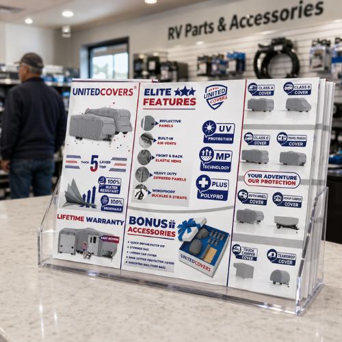 United Covers brochure display showing elite features and cover types in an RV parts and accessories store